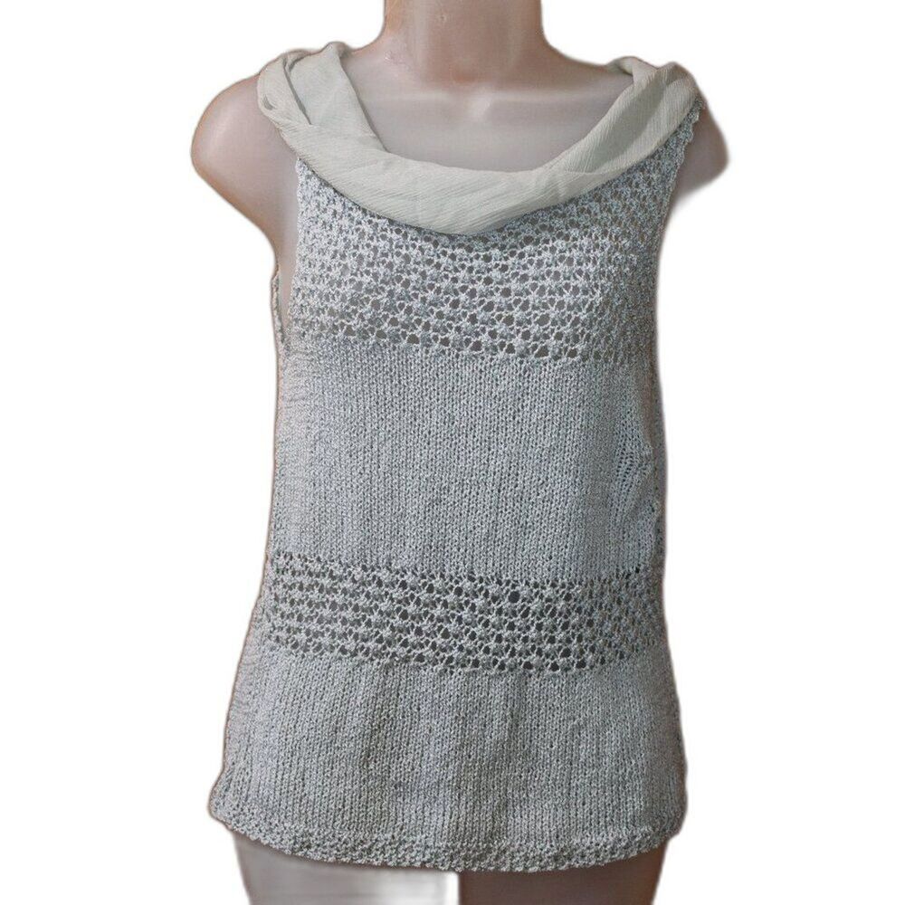 Marilena Chicago Light Blue Open Knit Sleeveless Top High Chiffon Collar Medium